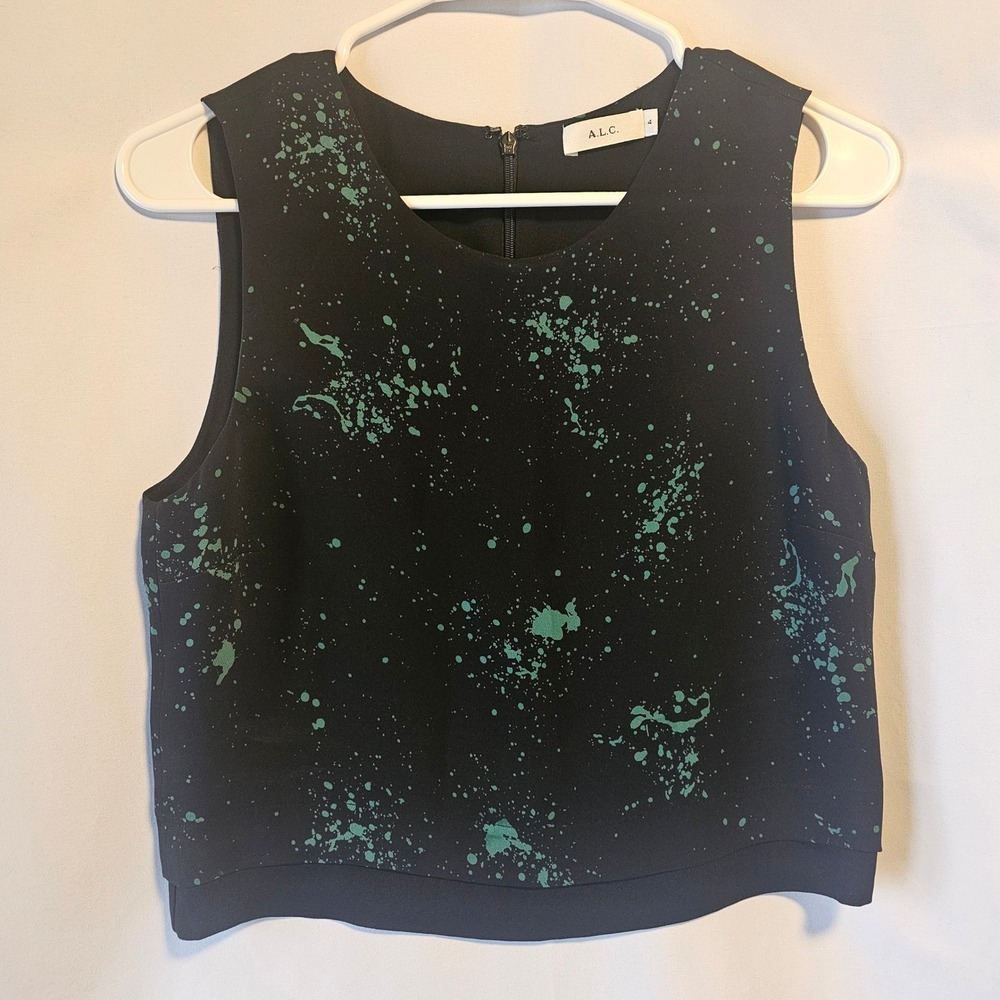 ALC Black Green Splatter Print Silk Sleeveless‎ Crop Top Size 4